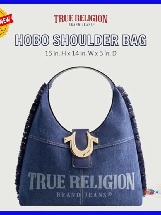 Medium Hobo Shoulder Bag, Frayed Denim with Horseshoe Logo, Lightweight Cotton - Picture 3 of 7